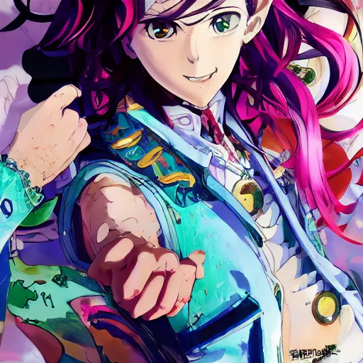 Image similar to Magazine Cover Anime key visual of a Gucci girl; official media; typography; drawn by Hirohiko Araki; Jojo's Bizarre Adventure; Jojolion, portrait, made by Stanley Artgerm Lau, WLOP, Rossdraws, James Jean, Andrei Riabovitchev, Marc Simonetti, Yoshitaka Amano, ArtStation