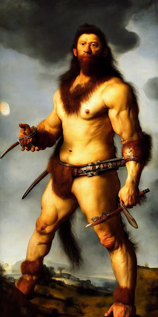 Prompt: muscular oversized white lion animal as barbarian hunter with synthwave oversized chest armor and shiny weapon , full human oversized mutant proportions hairy body , backlight body , extreme very textured detailed panoramic portrait oil painting by rembrandt, sunset, dramatic clouds and cyan atmosphere