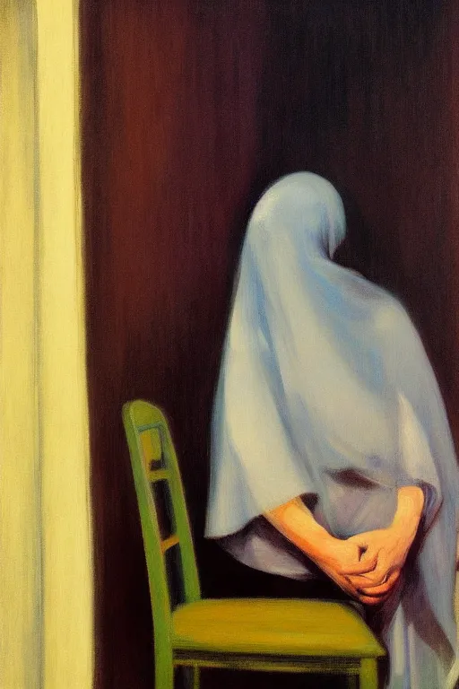 Image similar to woman behind a chair, face covered with veil, fog, early morning, , painted by Edward Hopper and Francis Bacon, painted by Wayne Barlow, airbrush