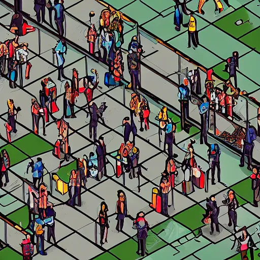 Image similar to a search and find illustration of a zombie horde at a train station with survivors hidden behind objects, isometric view, photorealistic