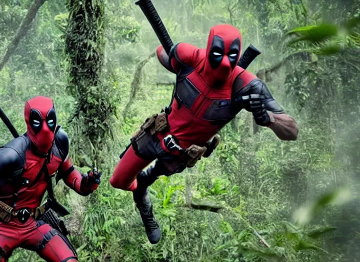 Image similar to film still of deadpool fighting in the jungles during the vietnam war in the new deadpool movie, 4 k