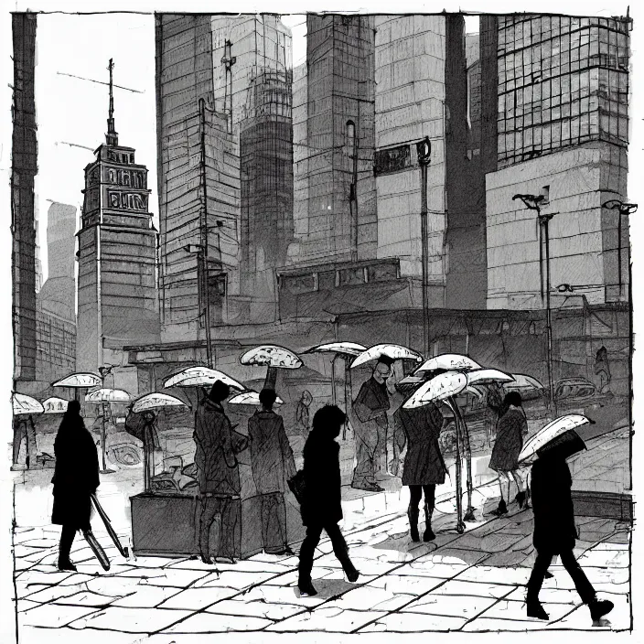 Image similar to market stall with umbrellas for sale, in a square, pedestrians walk past. background of old soviet monument. storyboard, scifi cyberpunk. by gabriel hardman, joe alves, chris bonura. cinematic atmosphere, detailed and intricate, perfect anatomy