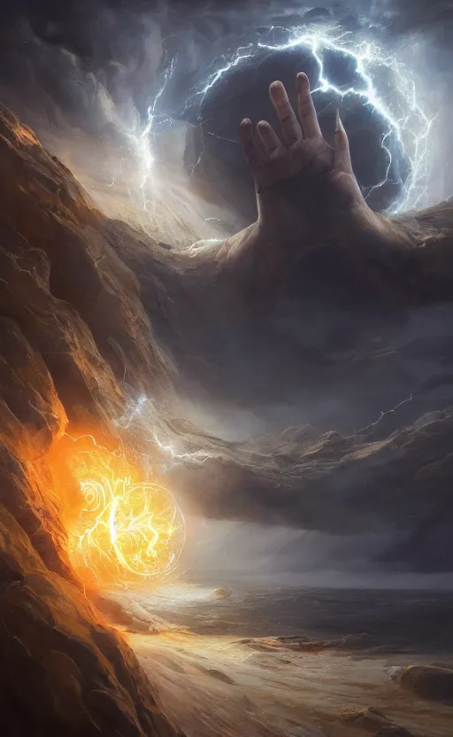 Image similar to the hand of God coming out of a portal hopping and time warping with reckless abandon, dramatic scene, masterpiece digital painting by Greg Rutkowski, Alex Grey, artstation, 4k wallpaper