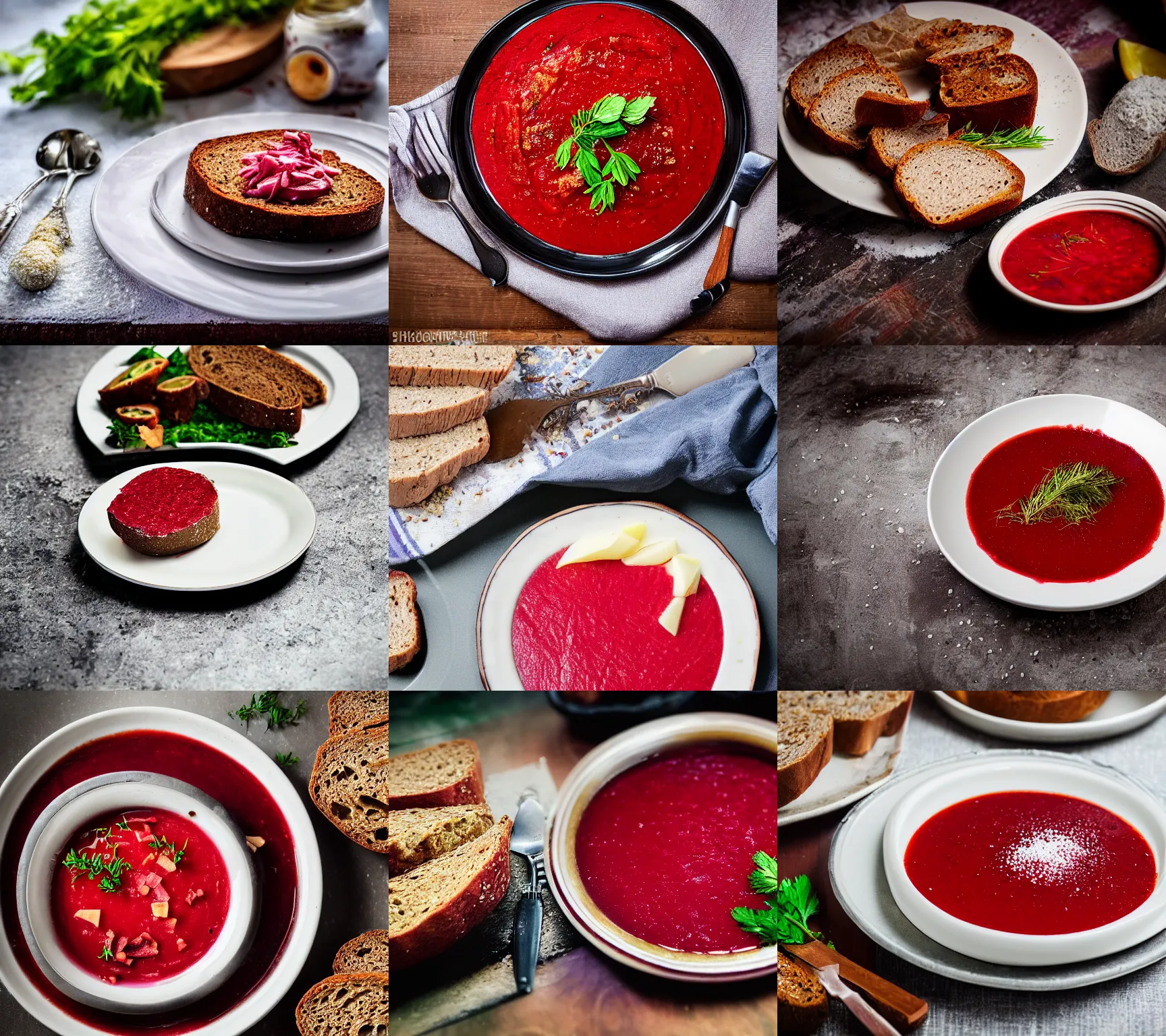 Prompt: plate of borscht, brown bread with sliced salo, salt, hyper realistic, foodphoto, extremely detailed, photorealism, garlic on background, side view, bokeh, epic lightning, yamy, sigma 8 5 mm f 1. 5!!