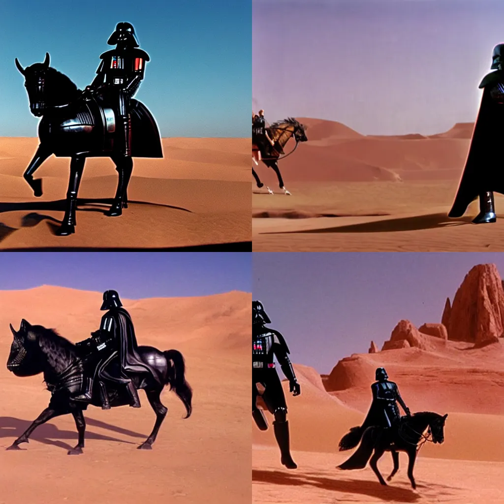 Prompt: Darth Vader riding a cybernetic horse across the desert of tatooine, movie still