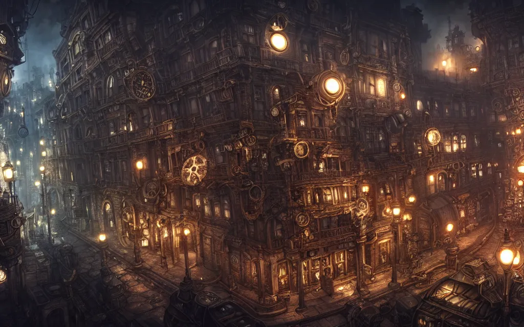 Image similar to an ultra wide angle view of a steampunk city made of clockwork, steamy, ominous, an ultrafine hyperdetailed illustration by kim jung gi, irakli nadar, intricate linework, octopath traveler, final fantasy, unreal engine 5, highly rendered, global illumination, radiant light, detailed and intricate environment