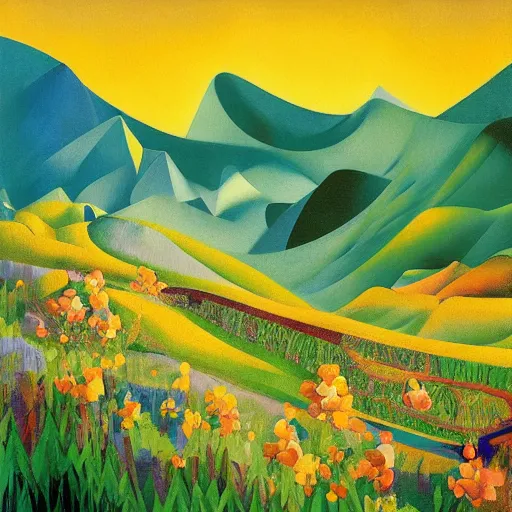 Image similar to mountain landscape in spring, flowers, teal landscape, dreamy light, sunny complementary palette, by and jacek yerga and tamara de lempicka and jesse king, pop surrealist, wiccan