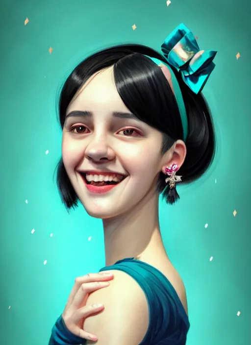 Image similar to portrait of high school girl, realistic, black hair, bangs, half updo hairstyle, pointy nose, skinny, smile, ugly, defined jawline, big chin, teal hair bow, earrings, intricate, elegant, glowing lights, highly detailed, digital painting, artstation, sharp focus, illustration, art by wlop, mars ravelo and greg rutkowski