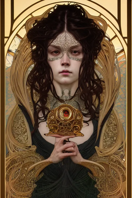 Image similar to beautiful hierophant girl tarot card portrait, biomechanical, intricate artwork masterpiece, majestic, elden ring cinematic lighting, volumetric 8 k, by alphonse mucha, apollonia saintclair, josan gonzalez, artgerm, edmund leighton, kilian eng, trending on cgsociety, octane render, 8 k