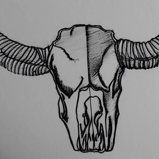 Prompt: a black pen sketch of a cow skull, beginner, intermediate art, anatomy, paper art