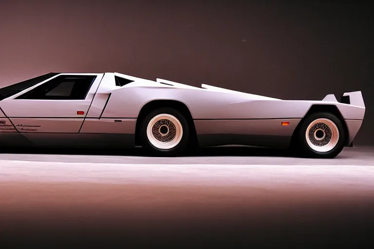 Prompt: designed by john delorean stylized poser of a single 1 9 8 6 lamborghini countach ( ( delorean ) ) ford gt 4 0, large led lights, ektachrome photograph, volumetric lighting, f 8 aperture, cinematic eastman 5 3 8 4 film