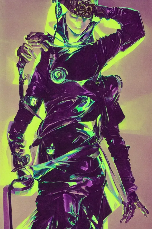 Image similar to concept art androgynous ninja in rocker tunic made of iridiscent fabric, radio goggles, iridiscent, cinematic lighting at night, iridiscent light, wet floors, neon, syd mead, tim walker, masterpiece, fashion design