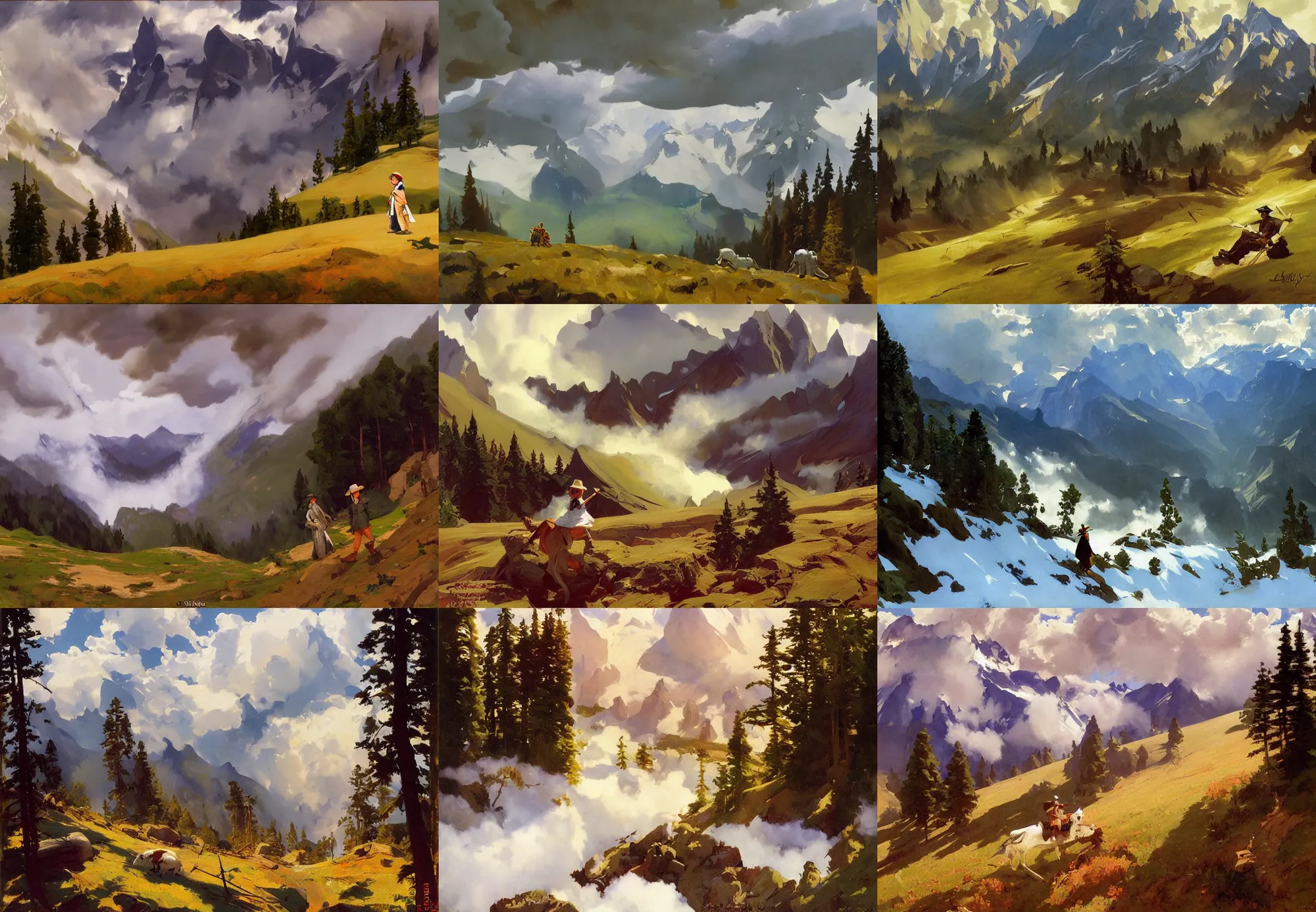 Prompt: painting by sargent and leyendecker and greg hildebrandt savrasov levitan polenov, studio ghibly style mononoke, middle earth above the layered low clouds road between forests trees river lakes stones alpes mongolia alaska california overcast storm masterpiece