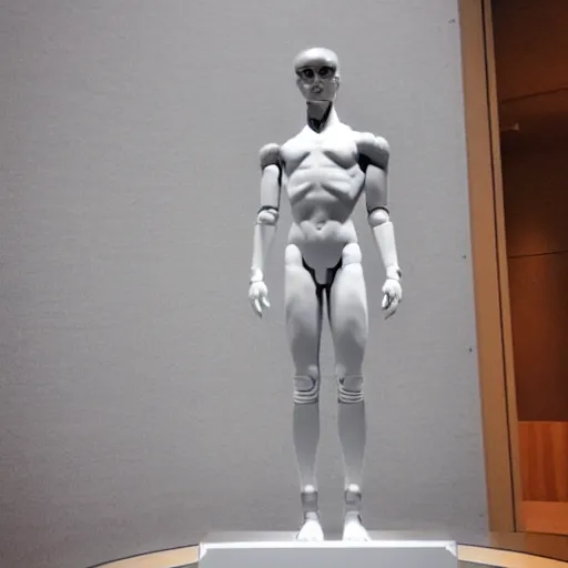 Prompt: “a realistic detailed photo of a guy who is an attractive humanoid who is half robot and half humanoid, who is a male android, twitch streamer Ninja Tyler Blevins, shiny skin, posing like a statue, blank stare, at the museum”