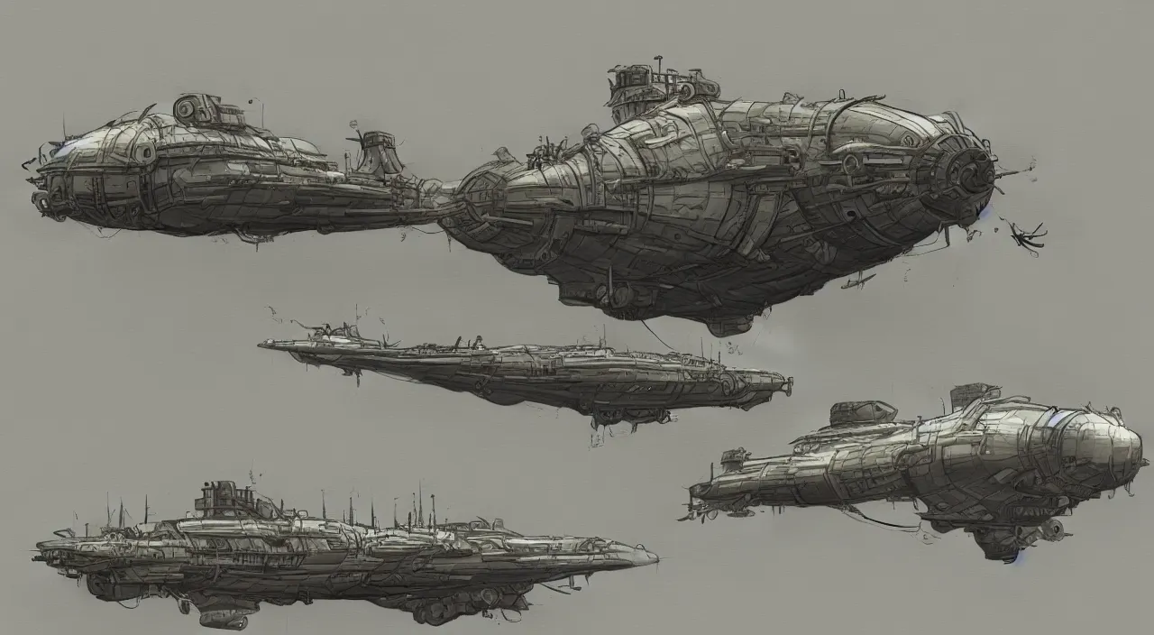 Prompt: concept art, dieselpunk airship, massive airship, dieselpunk military, highly detailed