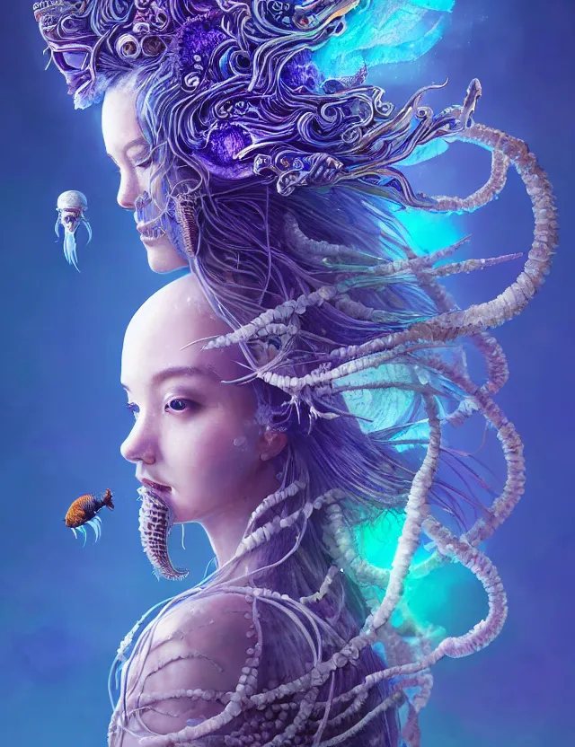 Image similar to goddess macro 3 / 4 profile portrait with crown made of ram skull. betta fish, jellyfish phoenix, bioluminiscent, plasma, ice, water, wind, creature, super intricate ornaments artwork by tooth wu and wlop and beeple and greg rutkowski