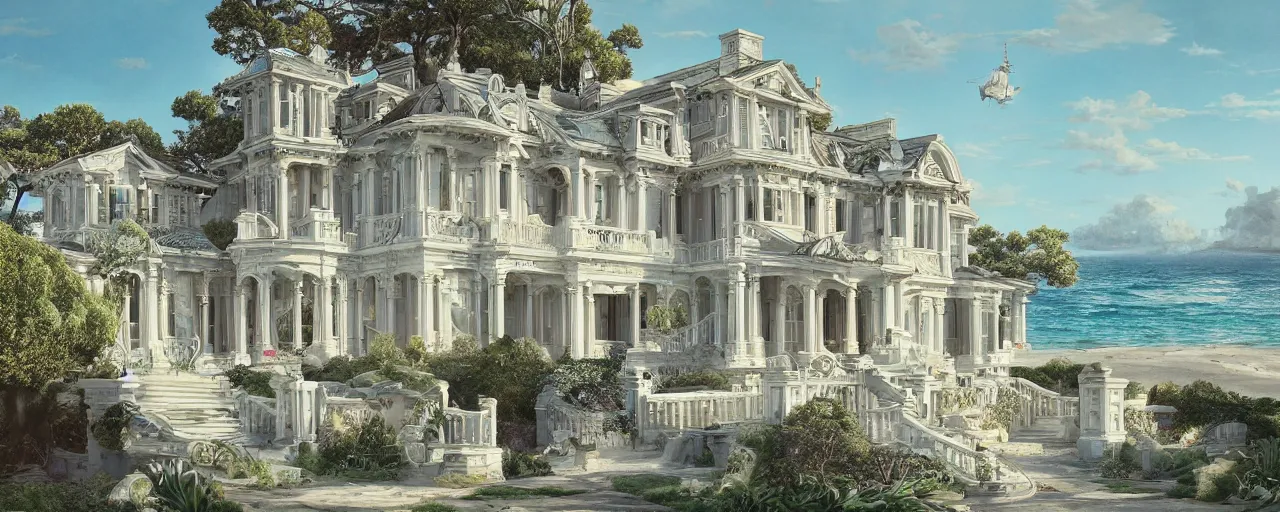 Prompt: a mansion on the seaside designed by James Jean, photorealistic