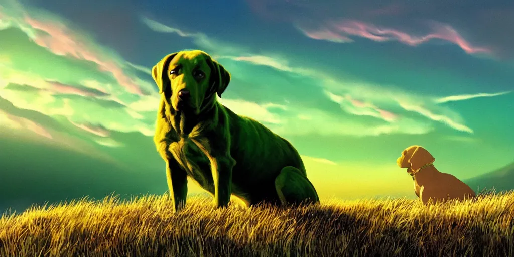 Prompt: hyperrealist, graphic novel illustration of a bulky green alien labrador retriever with shaggy green fur with green dye standing on a grassy hill, dramatic sunset with red sky and fluffy clouds, pulp 7 0's sci - fi vibes, 9 0's hannah barbara fantasy animation, cinematic, movie still, studio ghibli masterpiece