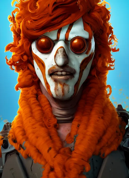 Image similar to heatwave portrait of curly orange hair man from borderlands 3, au naturel, hyper detailed, digital art, trending in artstation, cinematic lighting, studio quality, smooth render, unreal engine 5 rendered, octane rendered, art style by klimt and nixeu and ian sprigger and wlop and krenz cushart.