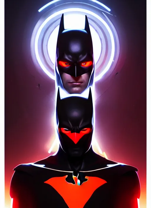 Image similar to symmetry!! portrait of batman beyond, sci - fi, tech wear, glowing lights!! intricate, elegant, highly detailed, digital painting, artstation, concept art, smooth, sharp focus, illustration, art by artgerm and greg rutkowski and alphonse mucha