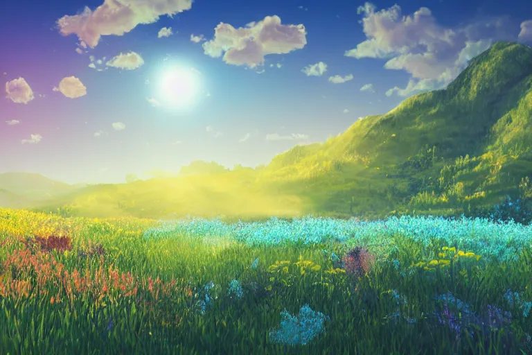 Image similar to mountain landscape in summer, flowers, trees, teal landscape, dreamy light, sunny, floating particles, complementary palette, by and jacek yerga and jesse king, pop surrealist, wiccan, unreal engine, bokeh, detailed