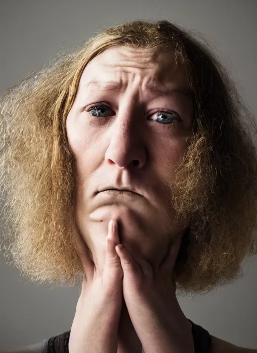 Image similar to portrait of the most bored person in the universe. extremely bored expression, studio light, hyper realistic photograph by annie lebowitz, award winning