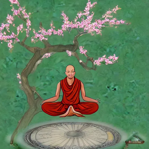 Image similar to a monk practicing yoga in front of a tibetean monastery on top of a mountain, under a cherry blossom tree, steampunk, detailed digital art