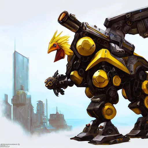 Image similar to greg manchess portrait painting of fully armored chocobo on top of a huge mecha as overwatch character, totally whack, medium shot, asymmetrical, profile picture, organic painting, sunny day, matte painting, bold shapes, hard edges, street art, trending on artstation, by huang guangjian and gil elvgren and sachin teng