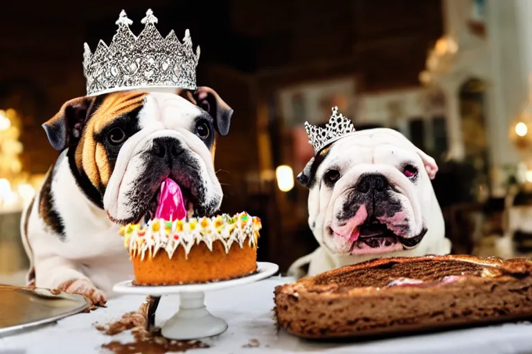 Image similar to an english bulldog wearing a crown and eating cake