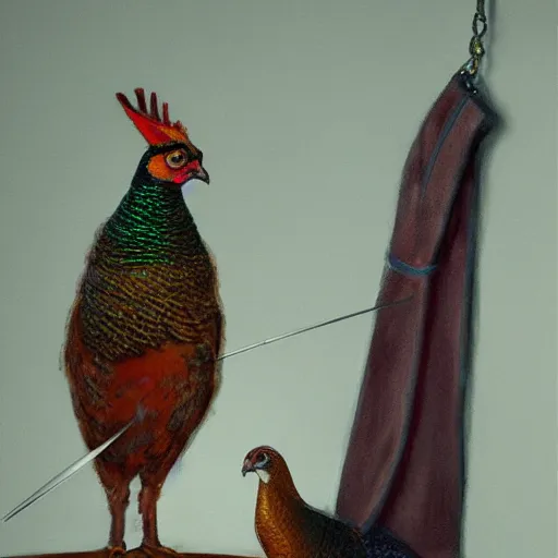 Prompt: a pheasant is girded with a belt, a sword hangs on the belt, by lily seika jones , rivuletpaper art, top cinematic lighting, cinematic mood, very detailed, shot in canon, by Viktor Vasnetsov, oil painting, harsh fairy tale, soft style, hyperrealism, beautiful, high resolution, trending on artstation, steps 50, big sword