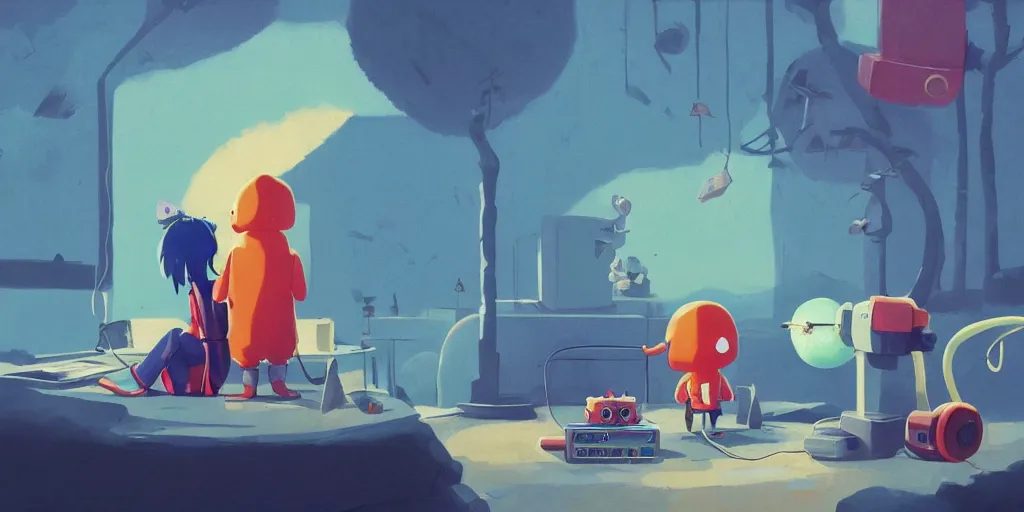 Image similar to cute anime monsters listening to record players by Goro Fujita and Simon Stalenhag and Kandinsky and Magritte, 8k, trending on artstation, hyper detailed, cinematic