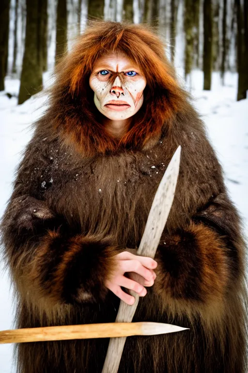 Prompt: a professional portrait photo of a neanderthal woman in the forest in winter holding a spear, dirt on face, black stripe painted side to side across her eyes, ginger hair and fur, extremely high fidelity, natural lighting, still from the movie clan of the cave bear