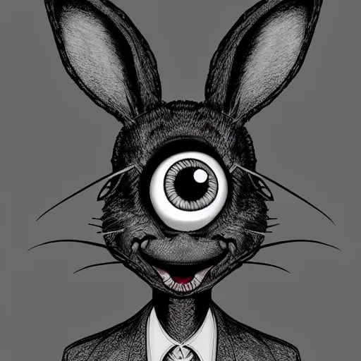 Image similar to A extremely highly detailed majestic hi-res beautiful, highly detailed head and shoulders portrait of a scary terrifying, horrifying, creepy black cartoon rabbit with scary big eyes, earing a shirt laughing, hey buddy, let's be friends, in the style of Walt Disney