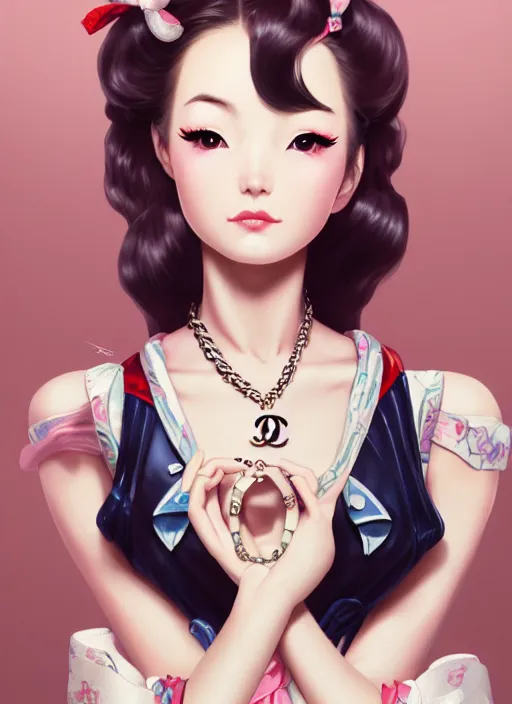 Image similar to a pin up and beautiful fashion dreamlke japan girl with lv jewelry, character art, art by artgerm, wlop, loish, hyperdetailed, 8 k realistic, symmetrical, global illumination, radiant light, frostbite 3 engine, cryengine, dof, trending on artstation, digital art, chanel, dior, detailed background