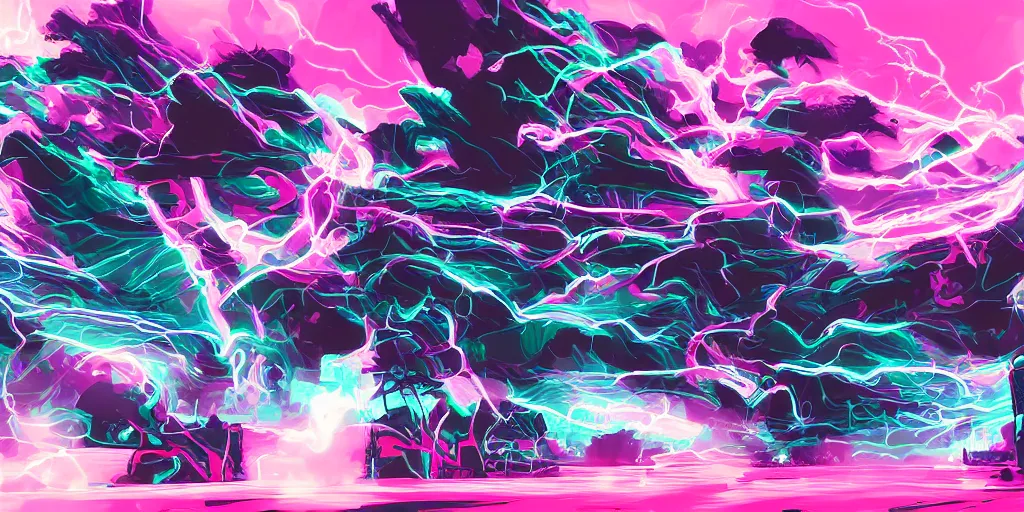 Prompt: Lightning storm rap battle, digital art, vapor wave, hip hop, blade runner, trending on Artstation, professional artist, detailed, 4k