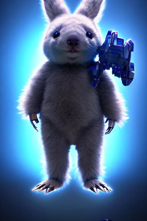 Image similar to high quality 3 d render sci - fi very cute mecha & fluffy! wombat!! hybrid! fighting, highly detailed, unreal engine cinematic smooth, in the style of blade runner & detective pikachu, hannah yata charlie immer, dark blue neon light, low angle, uhd 8 k, sharp focus