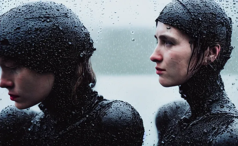 Image similar to cinestill 5 0 d candid photographic portrait by christopher nolan of two loving female androids wearing rugged black mesh techwear in treacherous waters, extreme closeup, modern cyberpunk moody emotional cinematic, pouring rain full moon, 8 k, hd, high resolution, 3 5 mm, f / 3 2, ultra realistic faces, ex machina