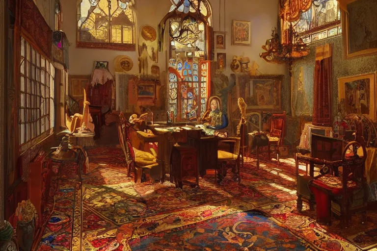 Image similar to a bohemian parlor with sunbeams streaming in from tall windows, by Donato Giancola and Vermeer,floral embroidery, carved wood, oriental carpets,rich deep color, dramatic cinematic lighting, featured on Artstation, cgsociety, unreal engine