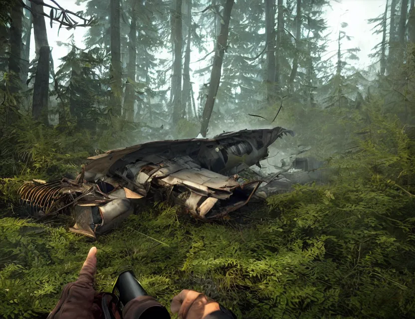 Image similar to a the forest game screenshot with a crashed plane, player is holding a lighter. ultra realistic