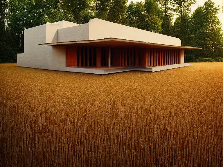 Prompt: hyperrealism design by frank lloyd wright and kenzo tange photography of beautiful detailed small house around the forest in small ukrainian village by taras shevchenko and wes anderson and caravaggio, wheat field behind the house, volumetric natural light