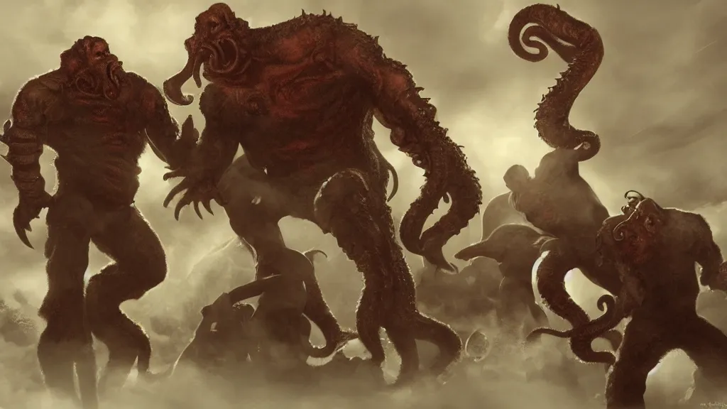 Image similar to chuck norris Fight with the giants cthulhu, cgi, trending artstation