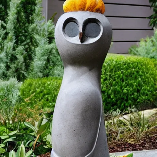 Prompt: concrete modern art garden statue of an owl dressed as a monk. the owl is holding a baby alpaca