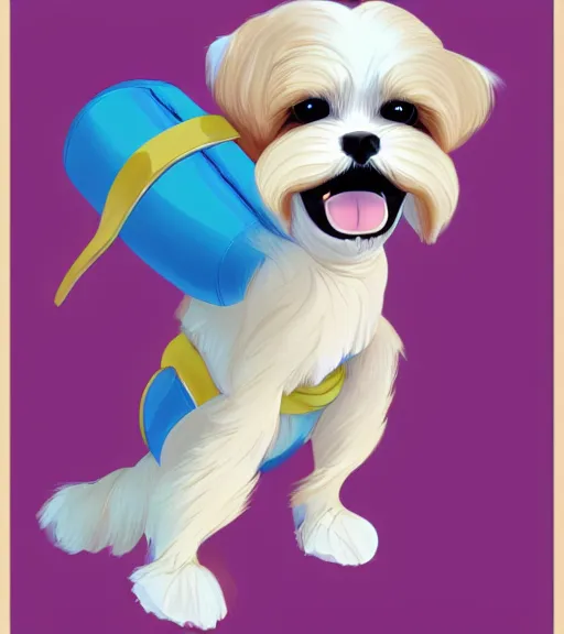 Image similar to small white maltese shihtzu mix dog riding merry - go - round smiling full color digital illustration in the style of don bluth, artgerm, artstation trending, 4 k