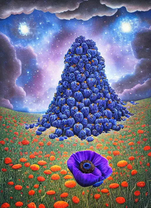 Image similar to detailed, intricate blue black and purple papaverum flower on the field, nebula, galaxy in the sky, winning award masterpiece, fantastically beautiful, illustration, aestheticly inspired, jacek yerka, upscale with anguissola sofonisba work, artstation, 8 k