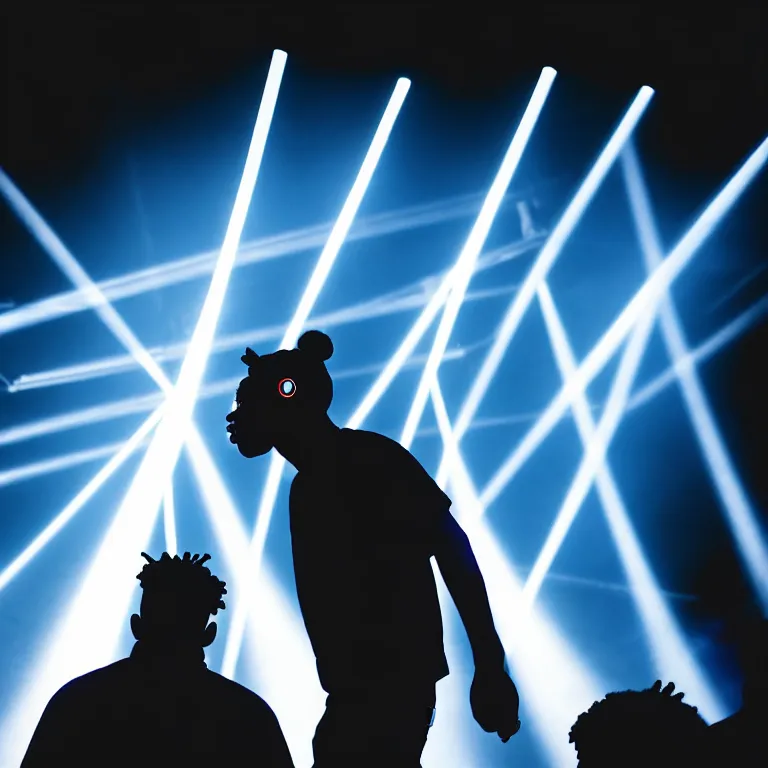 Image similar to rapper using microphone, epic angle, profile view, silhouetted, distinct, psychedelic hip-hop, laser light show, beams of light