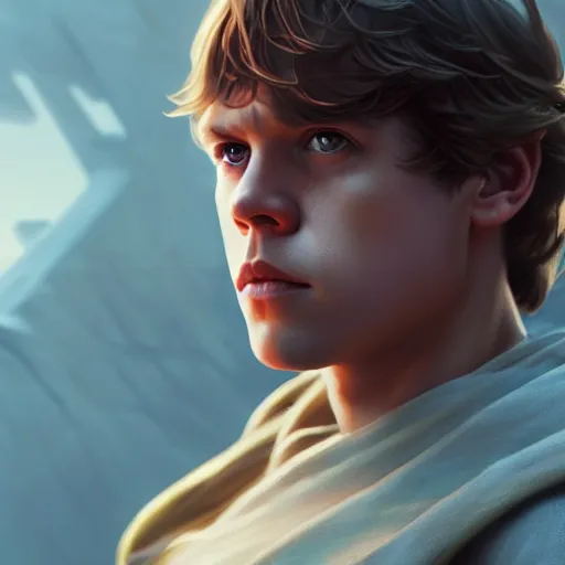 Image similar to a portrait of young luke skywalker cinematic lighting, photorealistic, octane render, 8 k, depth of field, 3 d, art by artgerm and greg rutkowski and alphonse mucha and uang guangjian and gil elvgren and sachin ten