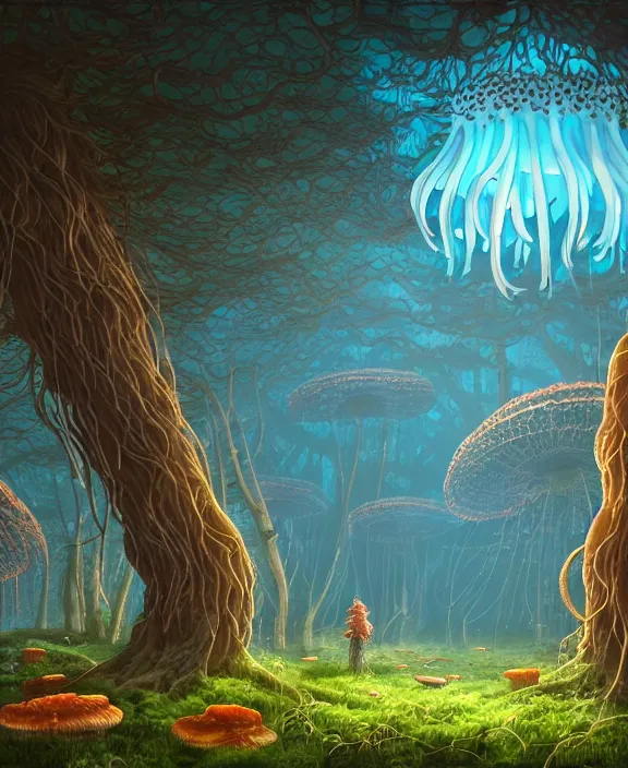 Prompt: a huge schoolhouse made from jellyfish, overgrown with huge exotic fungus, deep in the woods, noon, sun drenched, partly cloudy, by dan mumford, yusuke murata, makoto shinkai, ross tran, cinematic, unreal engine, cel shaded, featured on artstation, pixiv