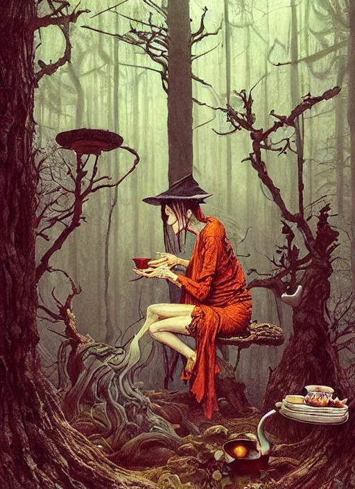 Image similar to witch having tea at a shrine in the woods gorgeous lighting, lush forest foliage a hyper realistic painting by chiara bautista and beksinski and norman rockwell and greg rutkowski weta studio, and lucasfilm