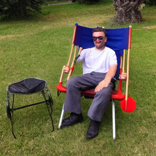 Image similar to man in a lawnchair doing fingerguns