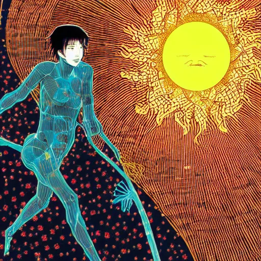 Image similar to shintaro kago yoji shinkawa and victo ngai cellular human body apophasis glorious energy of the sun